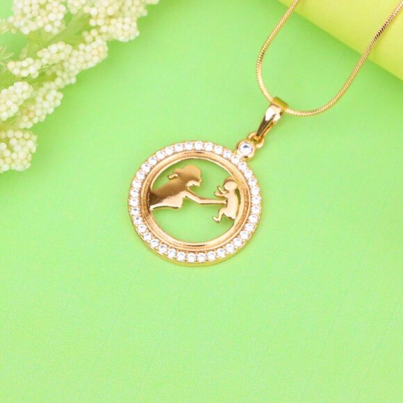 "Rose Gold Circle Pendant with Mother & Child Design and CZ Accents, XPPT1401 - Picture 2 of 13